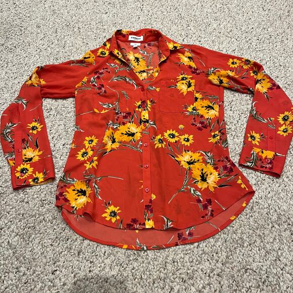 Express Portofino Slim Button Front Long Sleeve Floral Blouse Sz S Red Gold - Picture 1 of 5